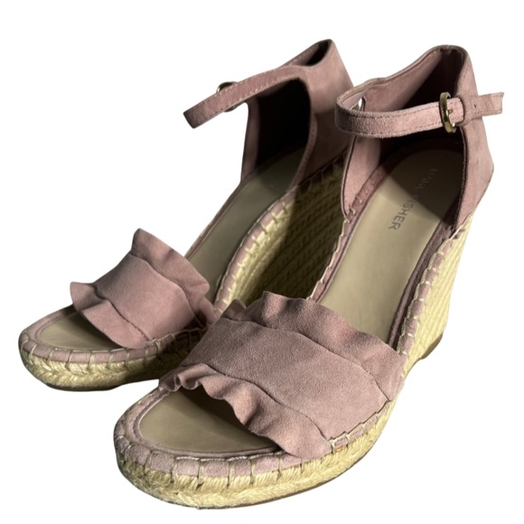 NWOT Marc Fisher Kadria Espadrille Pink Suede Ruched Wedge Sandals Shoes Size 9
